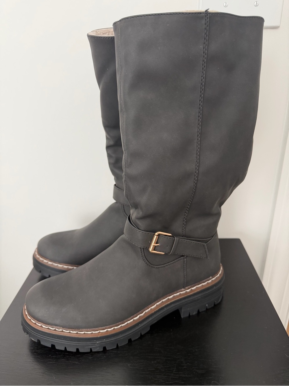 Nautica Black Mid-Calf Buckle Lug-Heel Boots